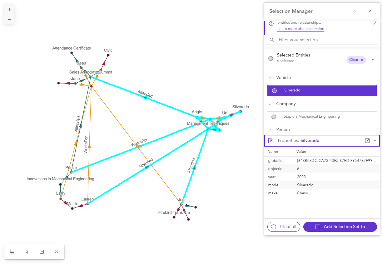 Selection Manager open with the Properties panel open for a specific entity Selection Manager open with the Properties panel open for a specific entity